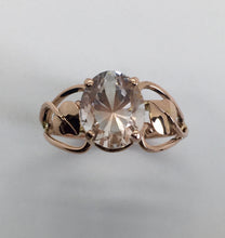 Load image into Gallery viewer, sparkling light pink topaz, artist cut, rose gold ring with leaves
