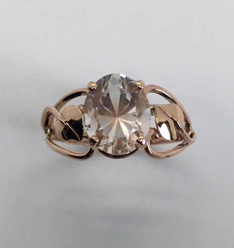 sparkling light pink topaz, artist cut, rose gold ring with leaves