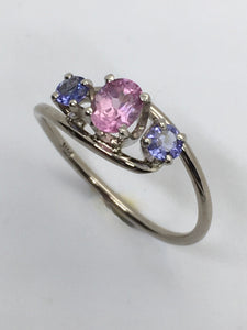 Pink Sapphire and Tanzanite Bypass Ring, 14K White Gold
