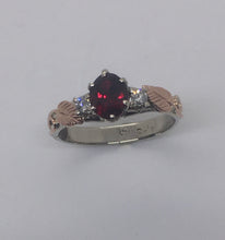 Load image into Gallery viewer, brilliant raspberry red Pyrope Garnet, 14Krg leaves, 14Kwg band, 2 recycled diamonds
