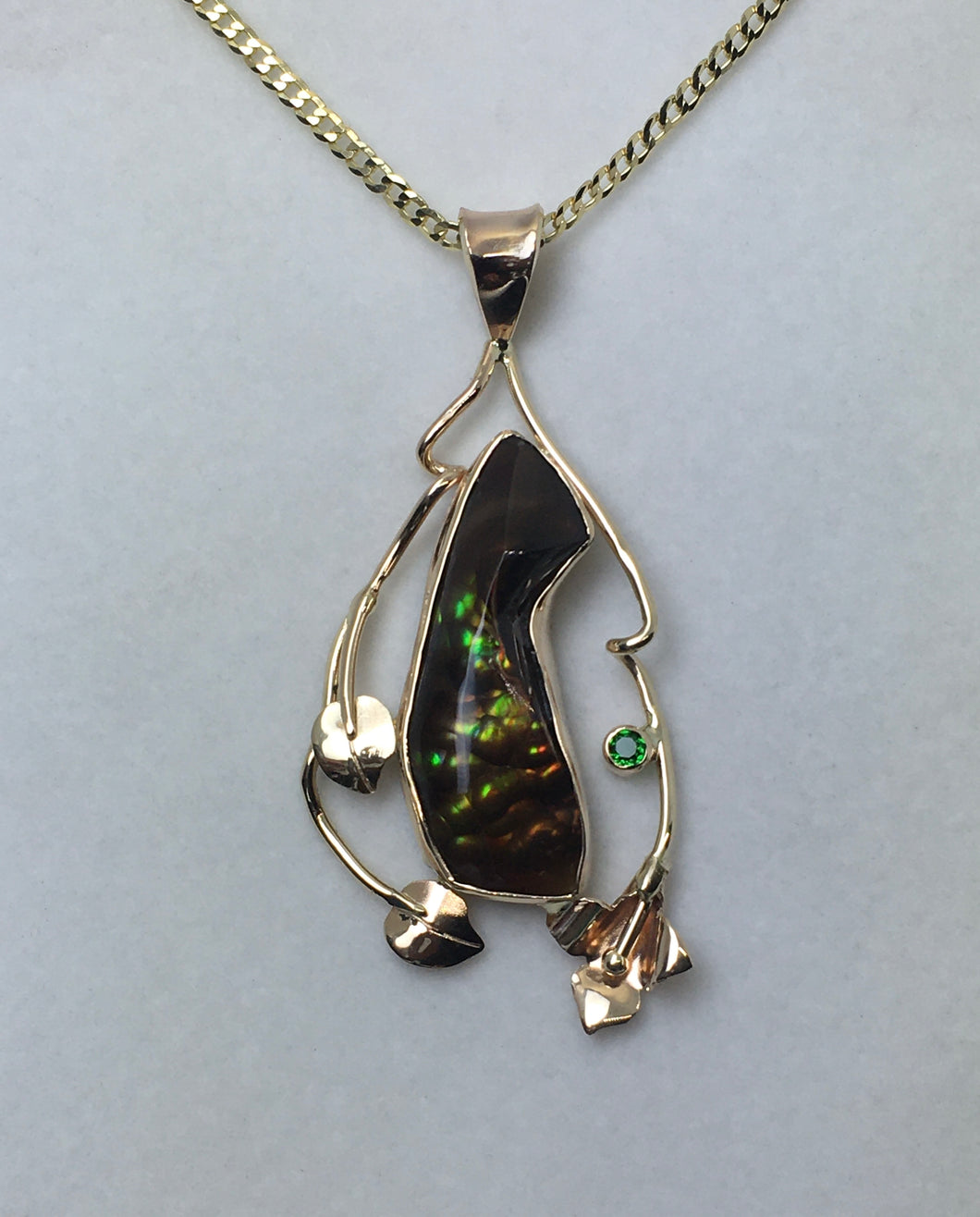 green and gold bubbles in an amazing 14K  Fire Agate pendant