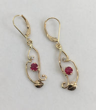 Load image into Gallery viewer, unique 14K gold ruby dangle earrings
