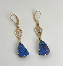 Load image into Gallery viewer, Free form triangular Boulder Opals from Queensland, Australia are held with custom-made prongs. They hang below handmade leaf &amp; vine motif teardrops, each with a small bezel set, recycled Diamond
