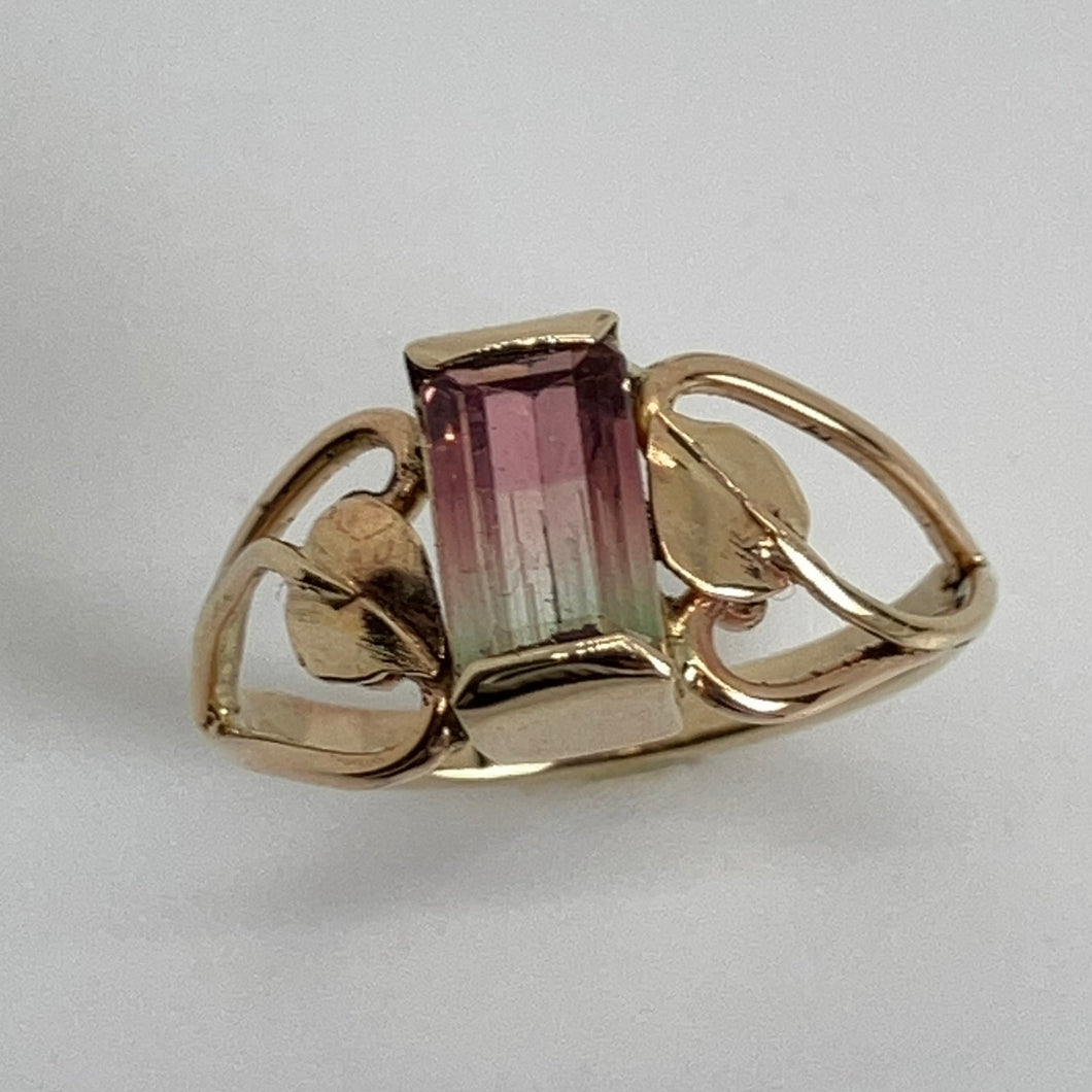 Bicolor Tourmaline Open Heart with Leaves Ring