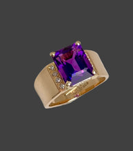 Load image into Gallery viewer, bright emerald cut amethyst ring with 8 diamonds
