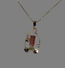 Load image into Gallery viewer, lots of red in this14K gold bicolor tourmaline crystal pendant with 3 leaves and 1 diamond
