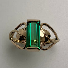 Load image into Gallery viewer, bright clear emerald green Tourmaline in a 14K yellow gold ring with Cole&#39;s Open Heart with Leaves design
