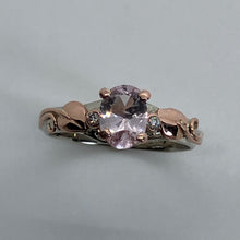 Load image into Gallery viewer, gentle pink morganite with rose gold prongs in a white  gold band and rose gold leaves and recycled diamonds
