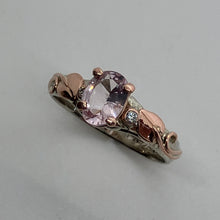 Load image into Gallery viewer, 2-tone ring with morganite, diamonds, leaves and swirls, rose and white gold
