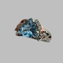 Load image into Gallery viewer, 2-tone 14K gold ring with extra fine trillion cut aquamarine, recycled diamonds
