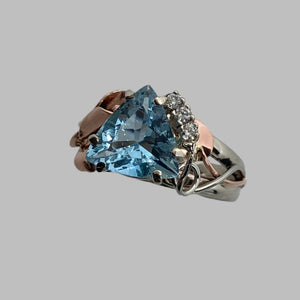 2-tone 14K gold ring with extra fine trillion cut aquamarine, recycled diamonds