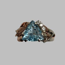 Load image into Gallery viewer, gorgeous blue triangle Aquamarine ring with a calla lily, leave and 3 diamonds in mixed 14K gold ring
