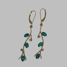 Load image into Gallery viewer, earrings with 3 bezel set opals on branches with 2 diamonds each

