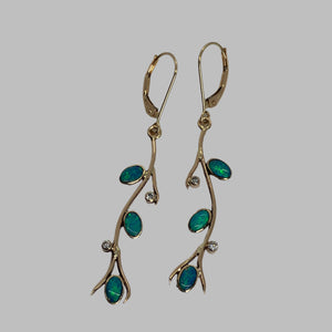 earrings with 3 bezel set opals on branches with 2 diamonds each