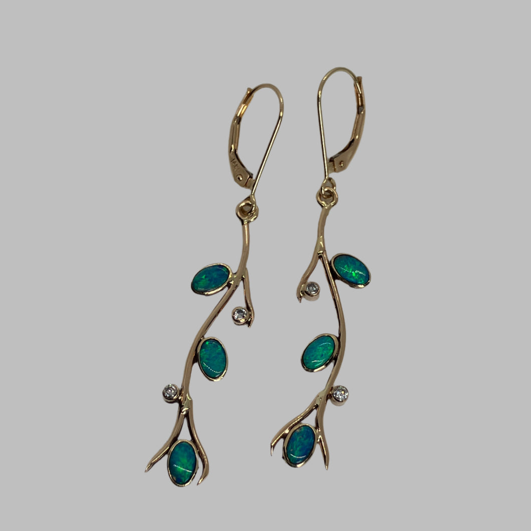 earrings with 3 bezel set opals on branches with 2 diamonds each