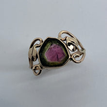 Load image into Gallery viewer, pink and green tourmaline in a 14K gold ring featuring leaves and swirls 
