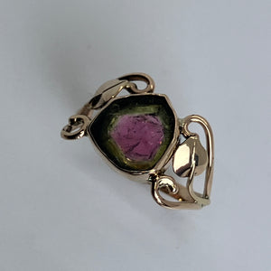 watermelon tourmaline slice in a 14K yellow gold handmade ring 