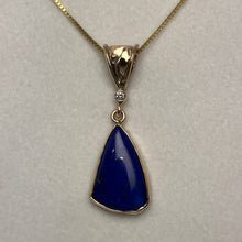 Load image into Gallery viewer, blue lapis pendant, small diamond and a handmade leaf on the bale, 14K gold box chain

