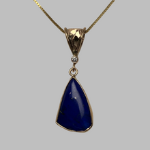 Load image into Gallery viewer, freeform triangulaar Lapis on a bale with a leaf, small diamond, box chain

