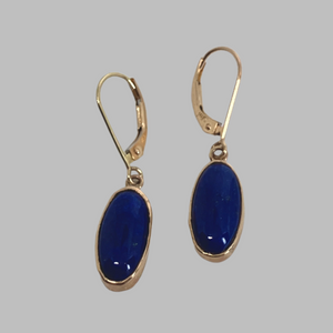 extra-fine quality, oval  deep blue Lapis Lazuli  in 14K yellow gold bezels on eurowire earrings