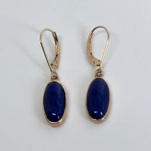 extra-fine quality, oval  deep blue Lapis Lazuli  in 14K yellow gold bezels on eurowire earrings