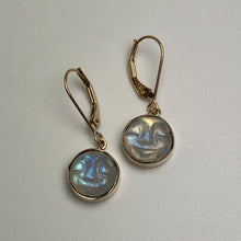 Load image into Gallery viewer, Gold earrings with round, faceted moonstones on euro wires
