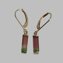 Load image into Gallery viewer, dangle earrings with rectangular watermelon tourmaline crystals
