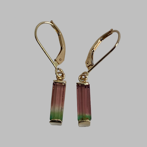 dangle earrings with rectangular watermelon tourmaline crystals