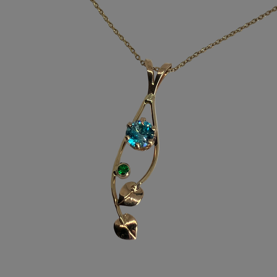 14K Gold pendant with blue zircon and green Tsavorite Garnet 
