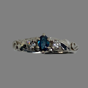 natural peacock green alexandrite  and 2 diamonds in 14K white gold ring