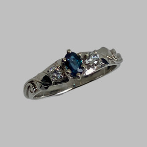 natural peacock green alexandrite and diamond ring in 14K white gold