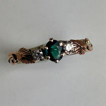 Load image into Gallery viewer, white gold ring with a blue/green garnet, 2 diamonds and rose gold leaves
