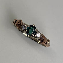 Load image into Gallery viewer, 14k white gold ring with oval blue/green color change garnet, 2 diamonds and rose gold leaves
