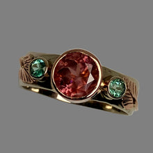 Load image into Gallery viewer, white gold ring with a sparkling pink Zircon and two green Parieba Tourmalines all in bezels, rose gold leaves detailing
