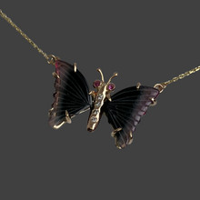 Load image into Gallery viewer, dark green watermelon tourmaline wing butterfly necklace with pink sapphire eyes and diamonds on the body
