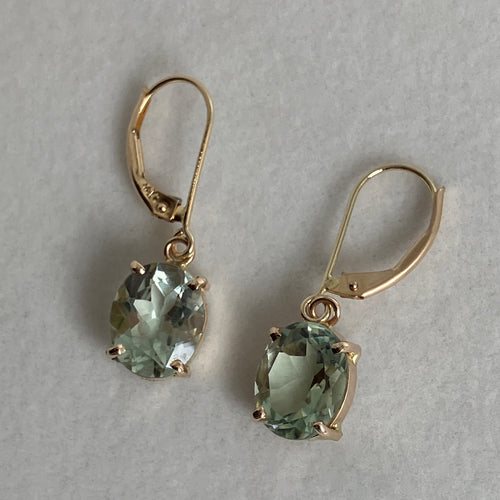 faceted green gemstones in 14K gold simple prong settings, dangles