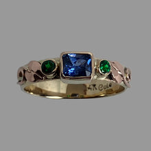 Load image into Gallery viewer, emerald cut Ceylon Sapphire, green Tsavorite Garnet ring in rose and yellow 14K gold with rose gold leaves and vines
