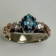 Load image into Gallery viewer, white gold ring with blue Montana sapphire and rose gold accents, 2 recycled diamonds
