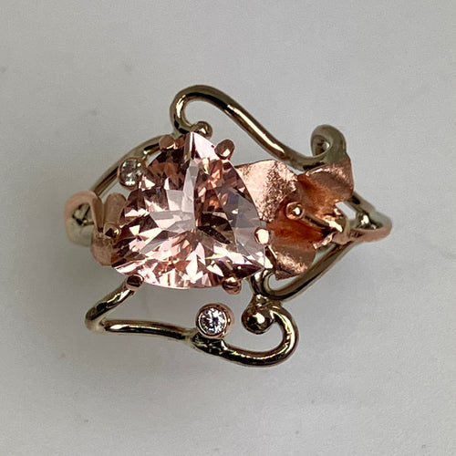 Rose and whtie gold ring with a triangular pink Morganite has a handmade flower, leaf & vine motif.
