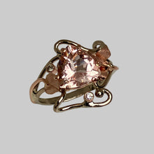Load image into Gallery viewer, Rose and white gold ring with a triangle pink Morganite oand a garden motif
