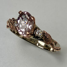 Load image into Gallery viewer, white gold ring with pink  morganite center stone, diamonds and 2 rose gold leaves and swirls
