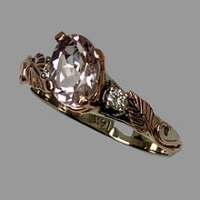 Load image into Gallery viewer, white gold ring with anoval Morganite pink gemstone and 2 diamonds oand a pair of rose gold leaf and vine.

