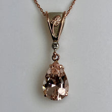 Load image into Gallery viewer, Rose gold necklace with a teardrop-shaped Morganite with a rose and white gold bail on a rose gold chain
