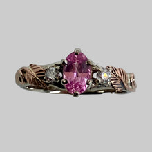 Load image into Gallery viewer, 14k white gold ring with pink Padparadscha sapphire, rose gold accents, 2 recycled diamonds
