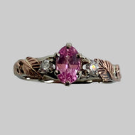 14k white gold ring with pink Padparadscha sapphire, rose gold accents, 2 recycled diamonds