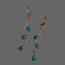Load image into Gallery viewer, 14k Gold earrings with 3 oval natural oplals and 2 diamomds each
