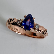 Load image into Gallery viewer, 14 K rose gold ring with arare purple sapphire, 2 diamonds and leaves and vines
