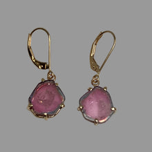 Load image into Gallery viewer, organic round shape pink dangle earrings with thin green edges held in place by 5 handmade prongs, 14K gold
