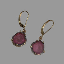 Load image into Gallery viewer, drop earrings with freeform round pink watermelon tourmalines, thin green rims in handmade 14K gold prongs on eruowires
