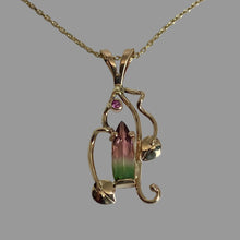 Load image into Gallery viewer, 14K gold pendant with a  rocket shape pink and green Tourmaline, leaves and vines and petite pink sapphire

